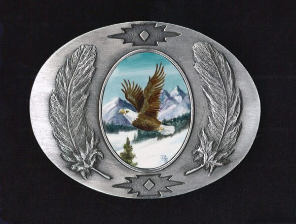 EAGLE BELT BUCKLE SOARING - PEWTER/FEATHER