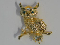 Gold Owl Pin - Green Eyes
