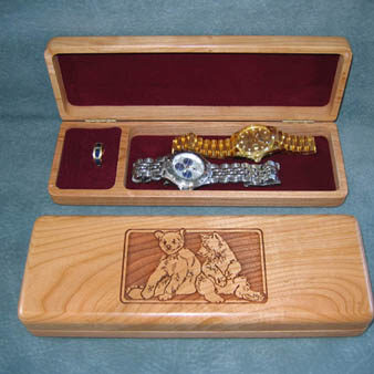 A Bear Carved Wooden Box With Golf Annd Silver Watches