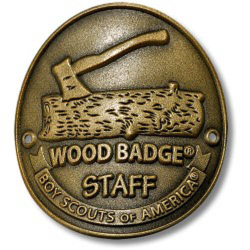 A. BRONZE ANTIQUE WOOD BADGE STAFF HIKING MEDALLION